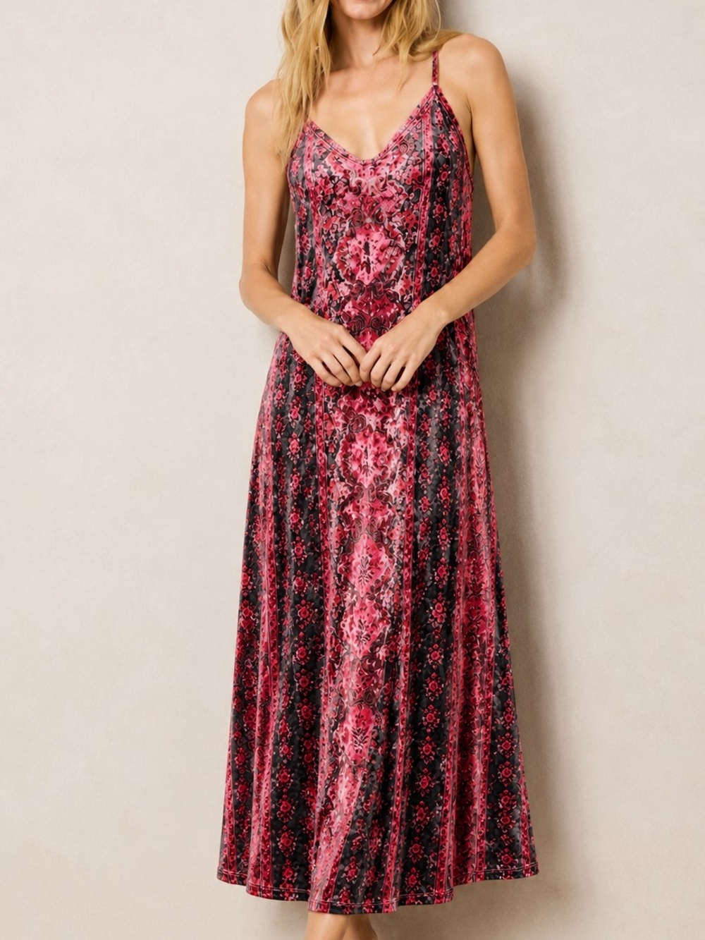 Natural Life Velvet Maxi Dress – Pink & Black Boho Floral Sleeveless Dress